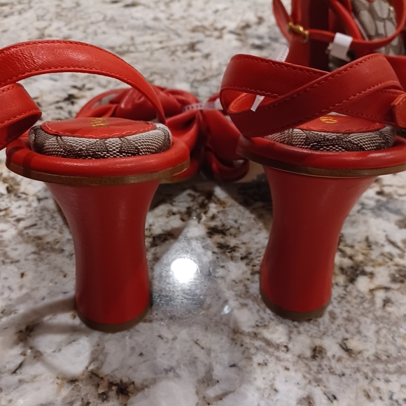 COACH Quincey Signature Logo Ankle Strap Dress Sandals Red Leather NEW - Picture 8 of 14